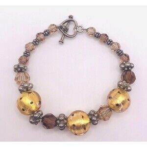 Crystal Glass & Gold Foil Bead Bracelet & Sterling Silver Heart Toggle